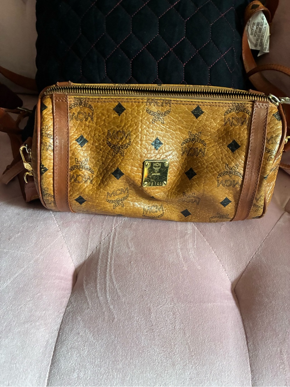 MCM Cognac Visetos Logo Crossbody Bag with Gold Plaque